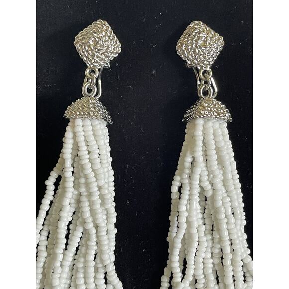 BCBG MaxAzria dangle white Seed beaded Tassel earrings with silver/cz . NWOT - Picture 1 of 15